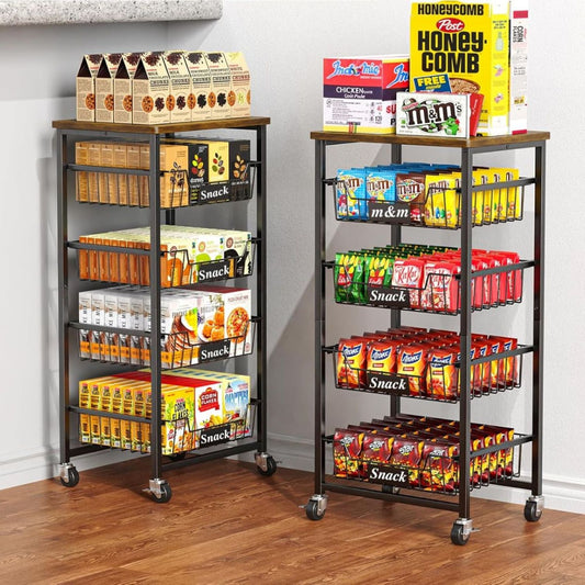 Two metal shelving units with various snack packages on a wooden floor.