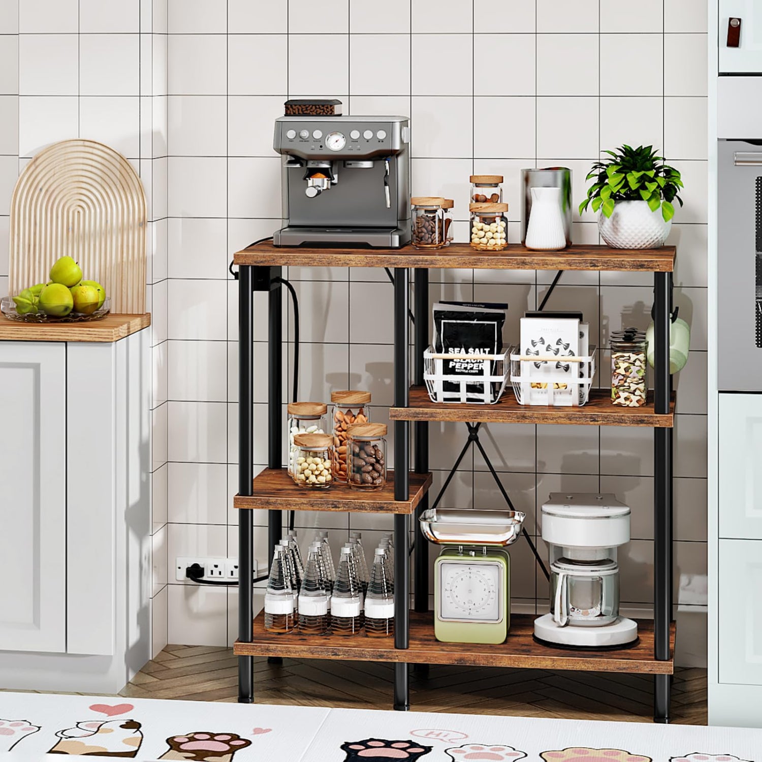 Wooden kitchen shelf with appliances and decor against a tiled wall.
