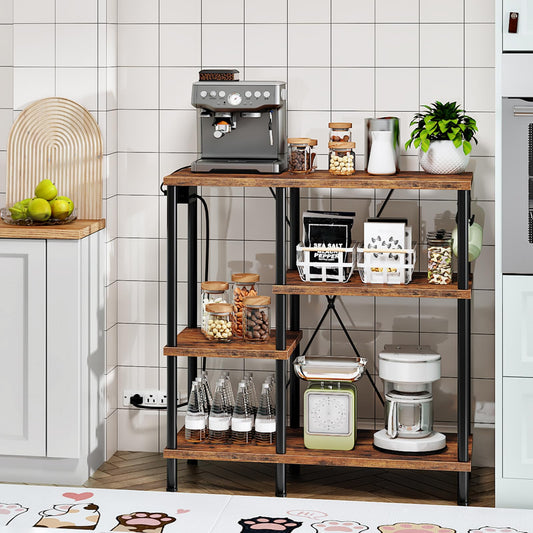 Wooden kitchen shelf with appliances and decor against a tiled wall.