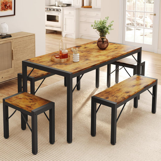 Dining table set with benches in a kitchen