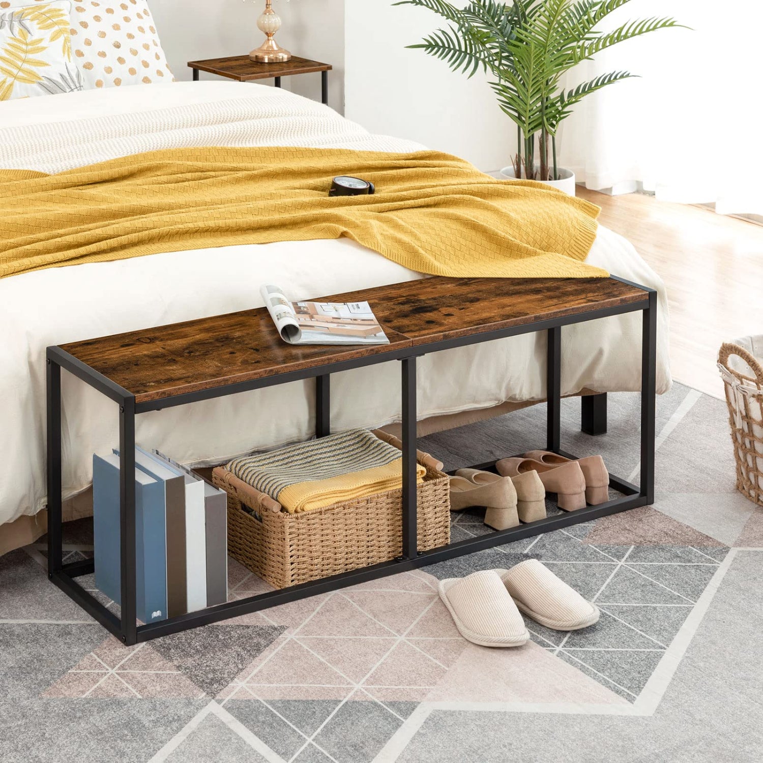 Wooden bench with storage compartments in a bedroom setting