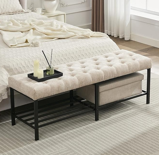 Beige upholstered bench with storage in a bedroom setting