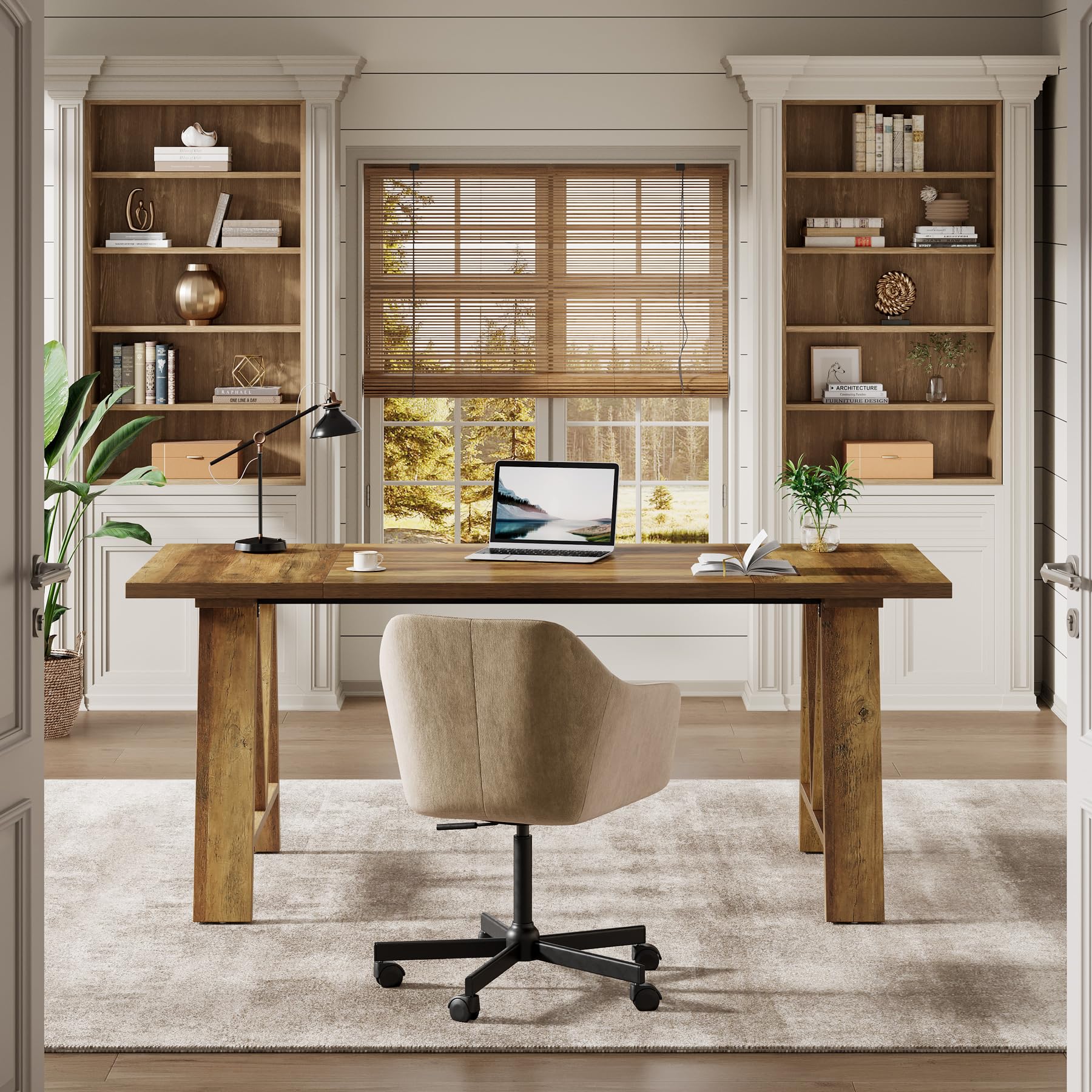 Home office with wooden desk, chair, and bookshelves.