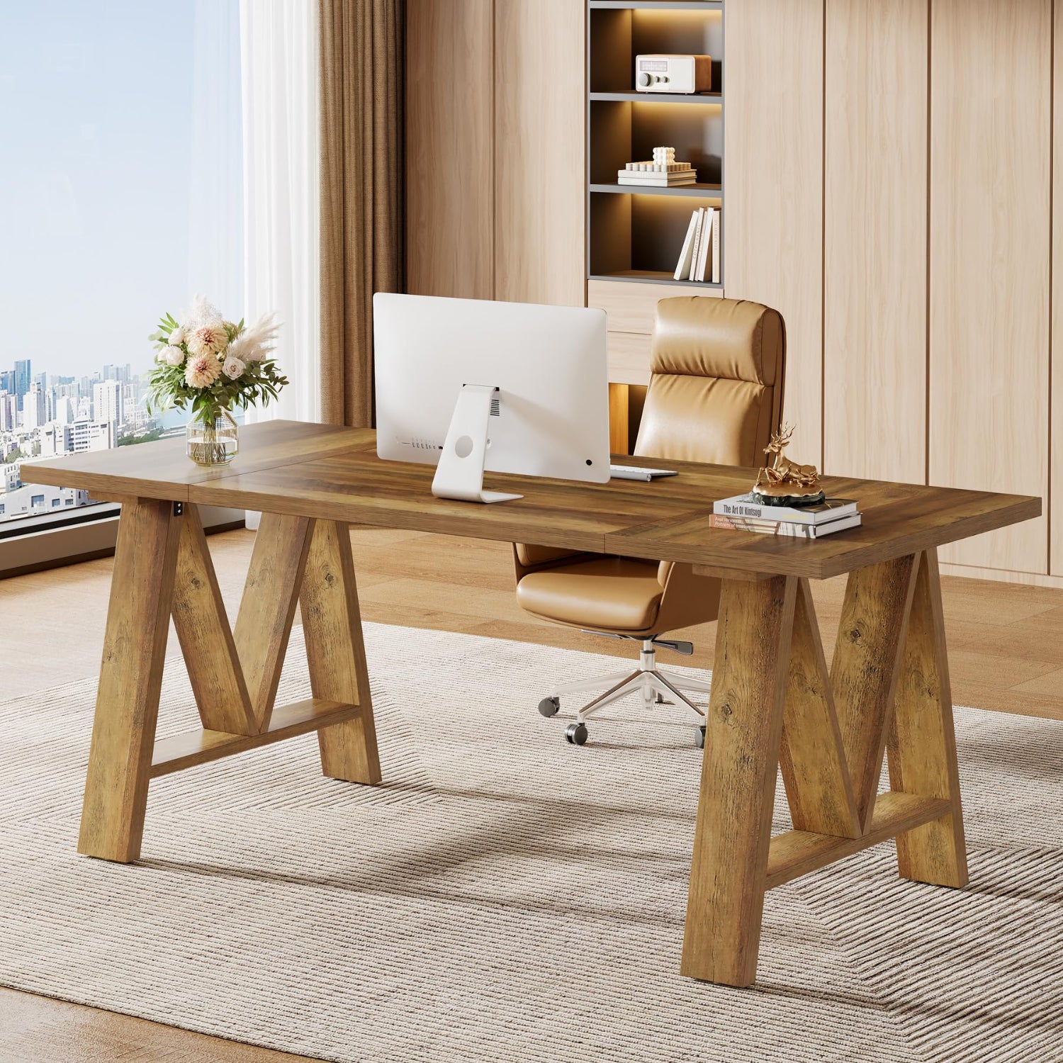 Wooden office desk with chair and computer setup in a room with cityscape view