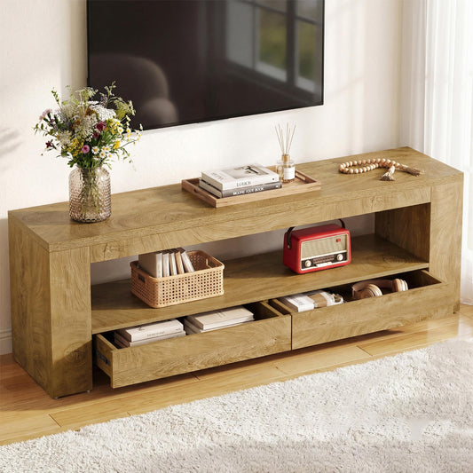 Wooden TV stand with decorative items in a living room setting