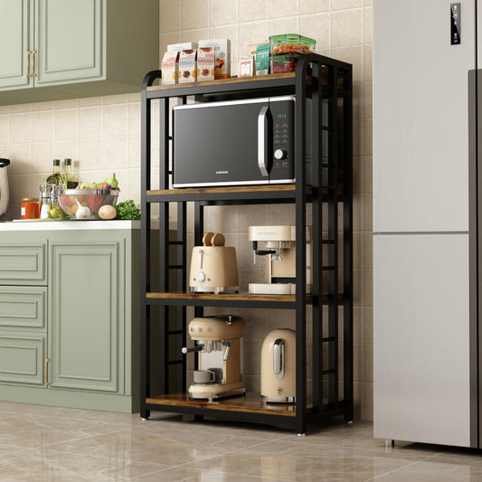 Kitchen shelf with microwave, coffee maker, and toaster in a modern kitchen setting.