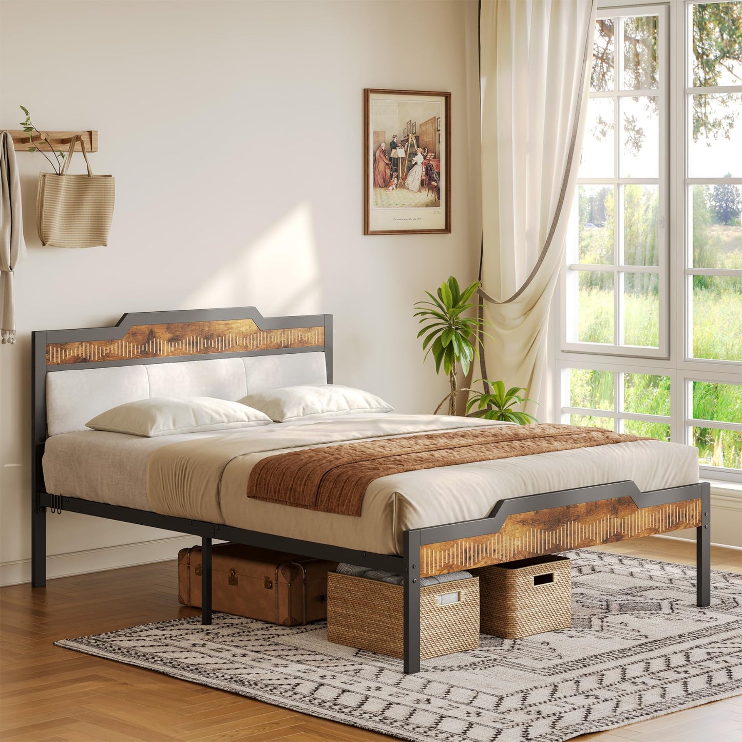 Bedroom with a bed featuring wooden accents and storage baskets underneath.
