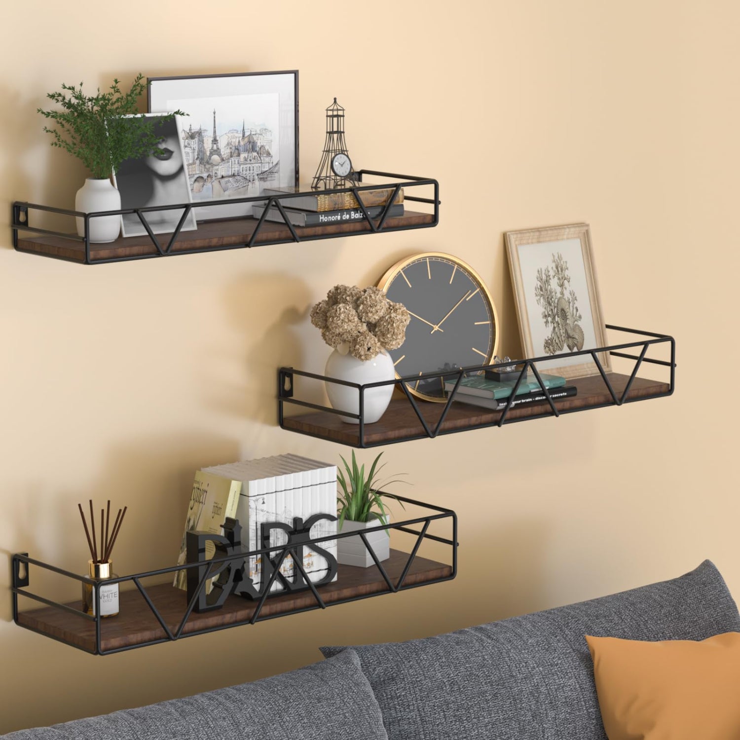 Wall shelves with decorative items against a beige wall