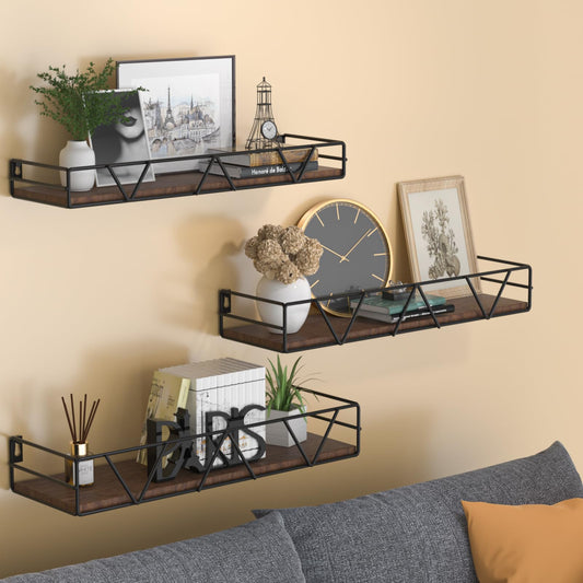 Wall shelves with decorative items against a beige wall