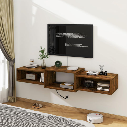Wooden wall-mounted shelf with electronic devices in a room setting.