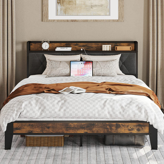 Bedroom with a wooden bed frame, gray upholstered headboard, and decorative elements.