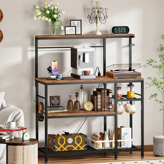 Multilevel wooden shelf with various decorative items in a room setting.