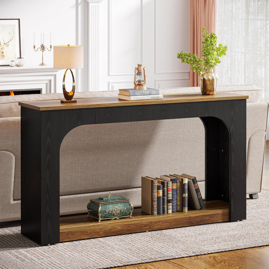 Console table with books and decorative items in a living room setting