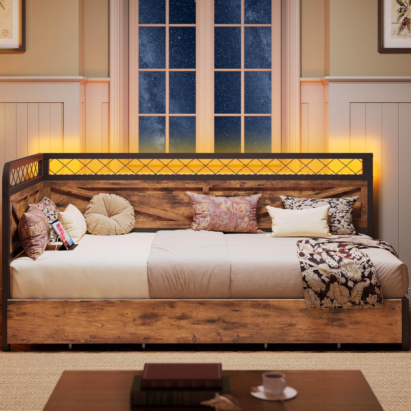 Wooden bed with decorative pillows and a blanket in a room with a window and table.