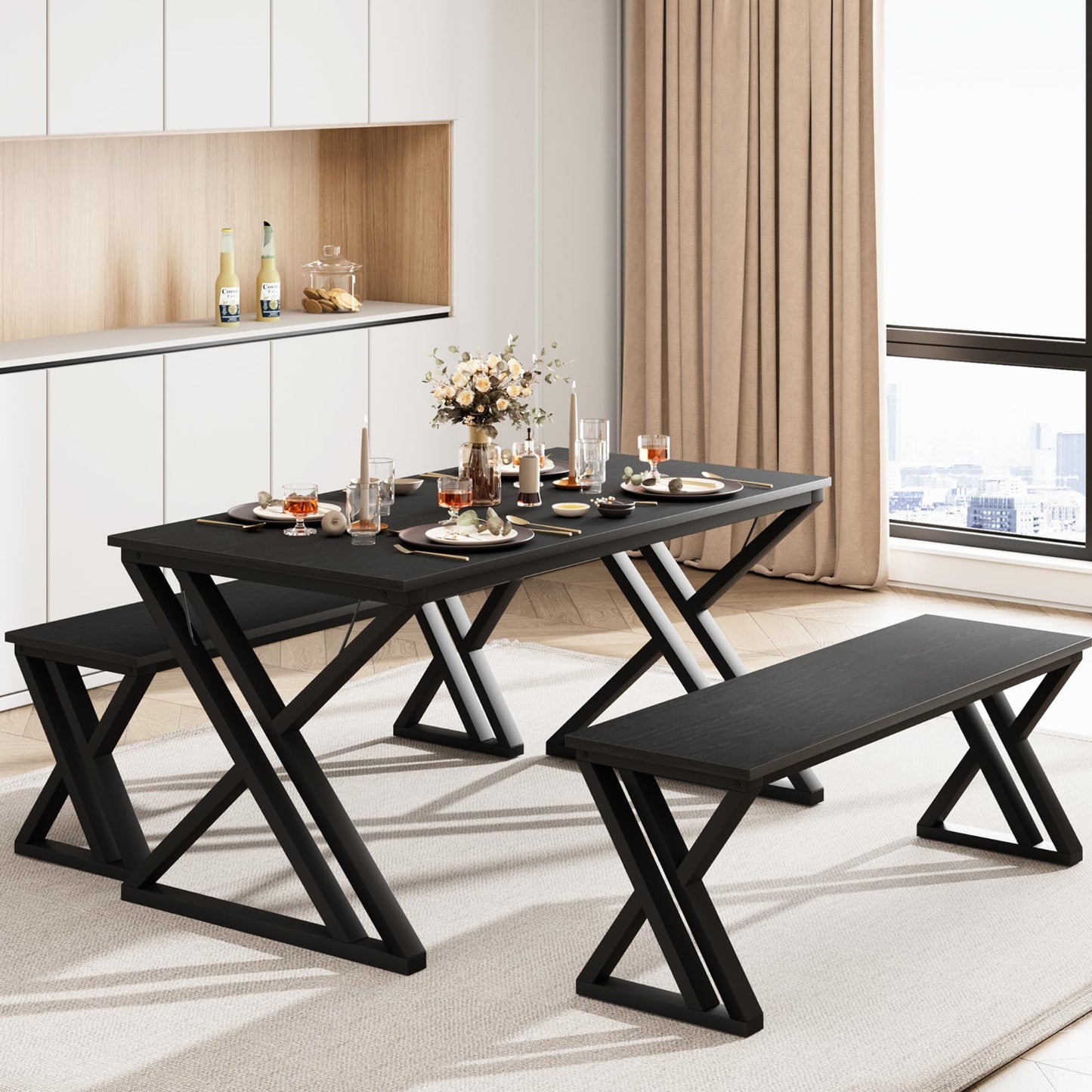 Modern black dining table with benches in a stylish room.