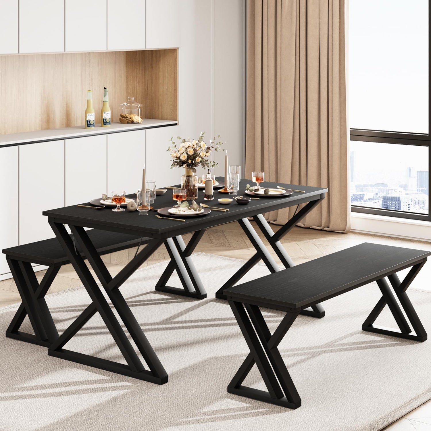 Modern black dining table with benches in a stylish room.