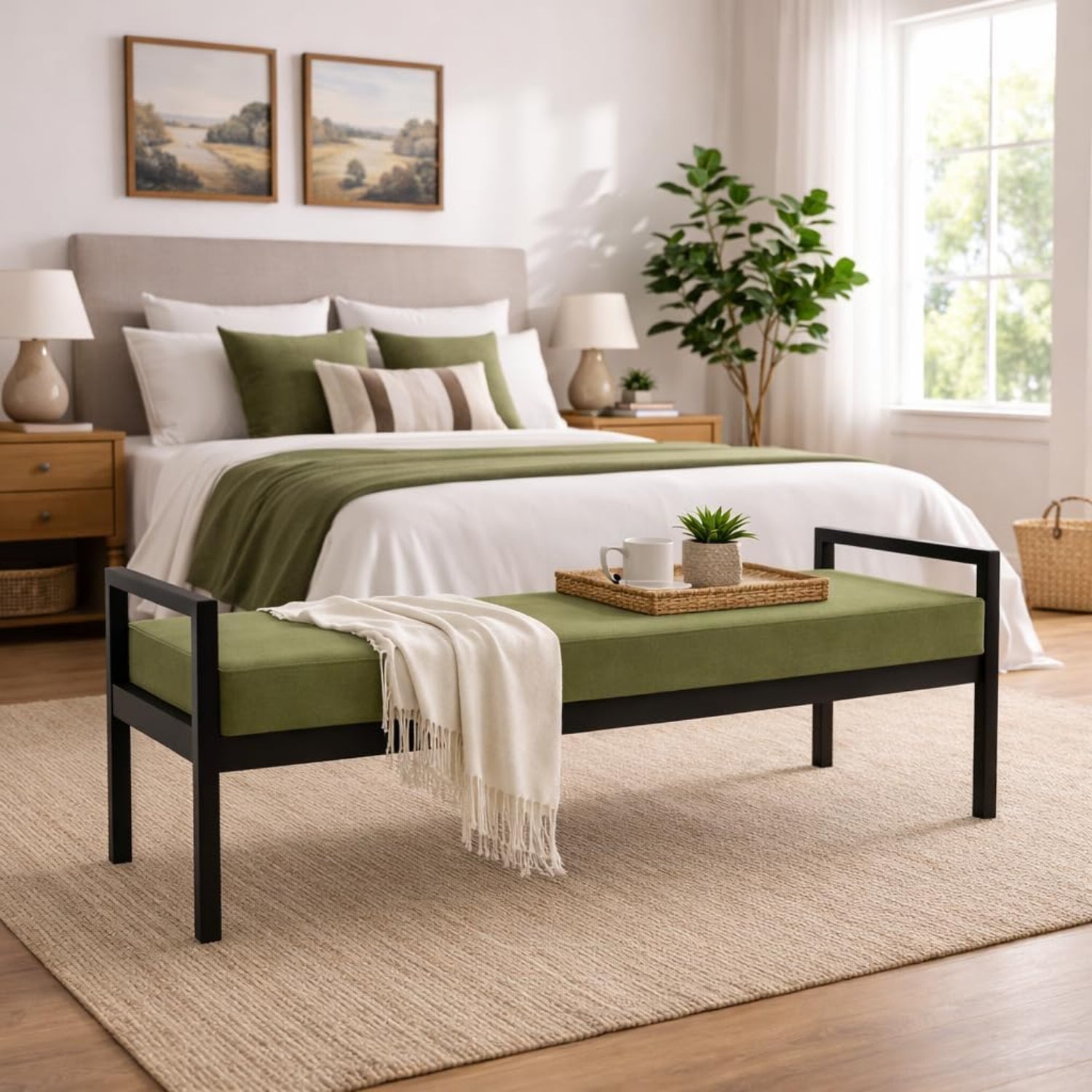 Bedroom with a bed, bench, and decor elements