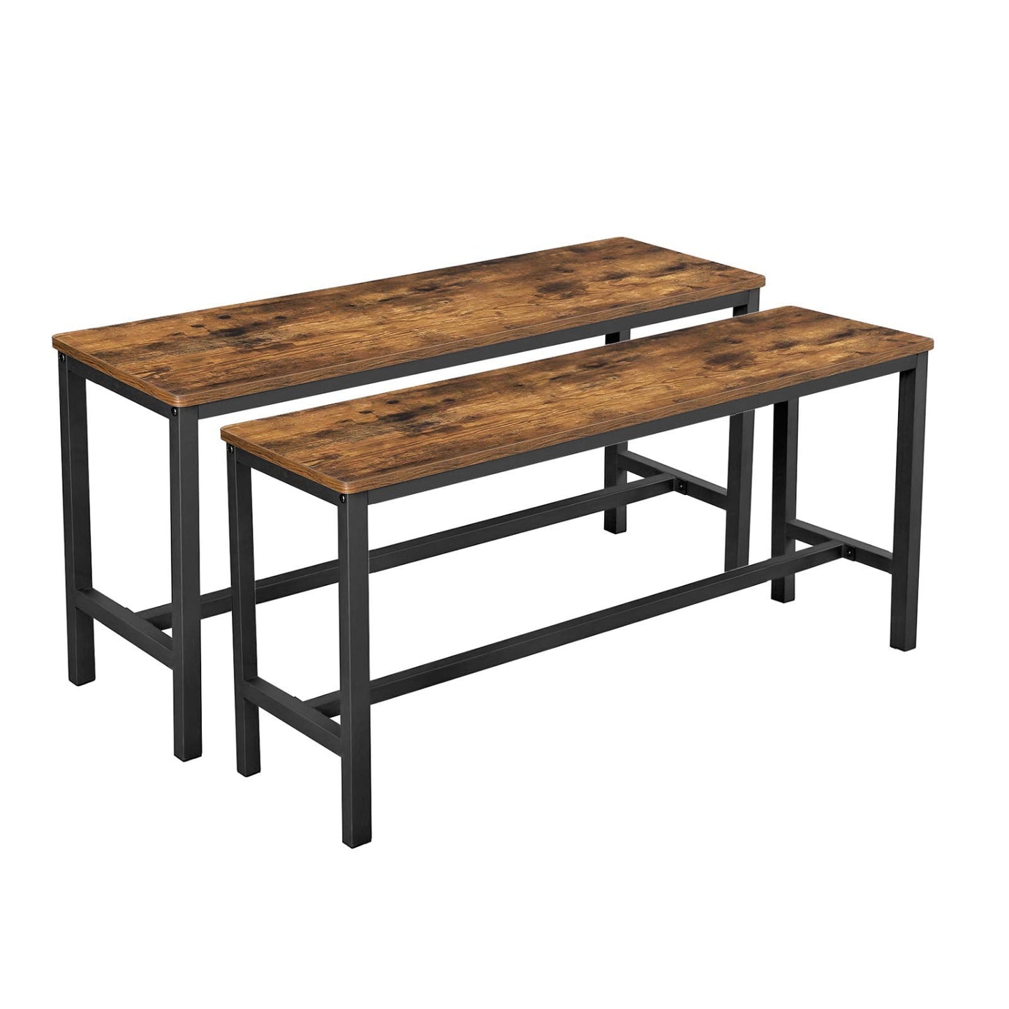 Two wooden tables with metal legs on a white background
