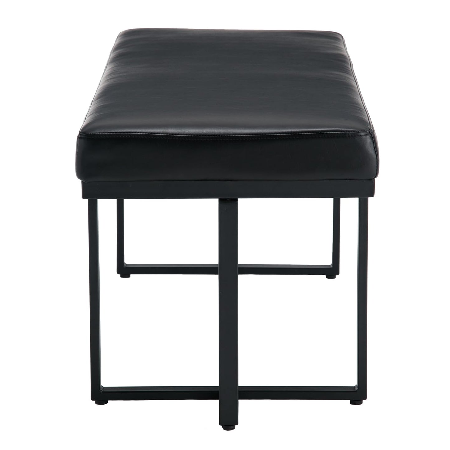 Black leather bench with metal frame on a white background