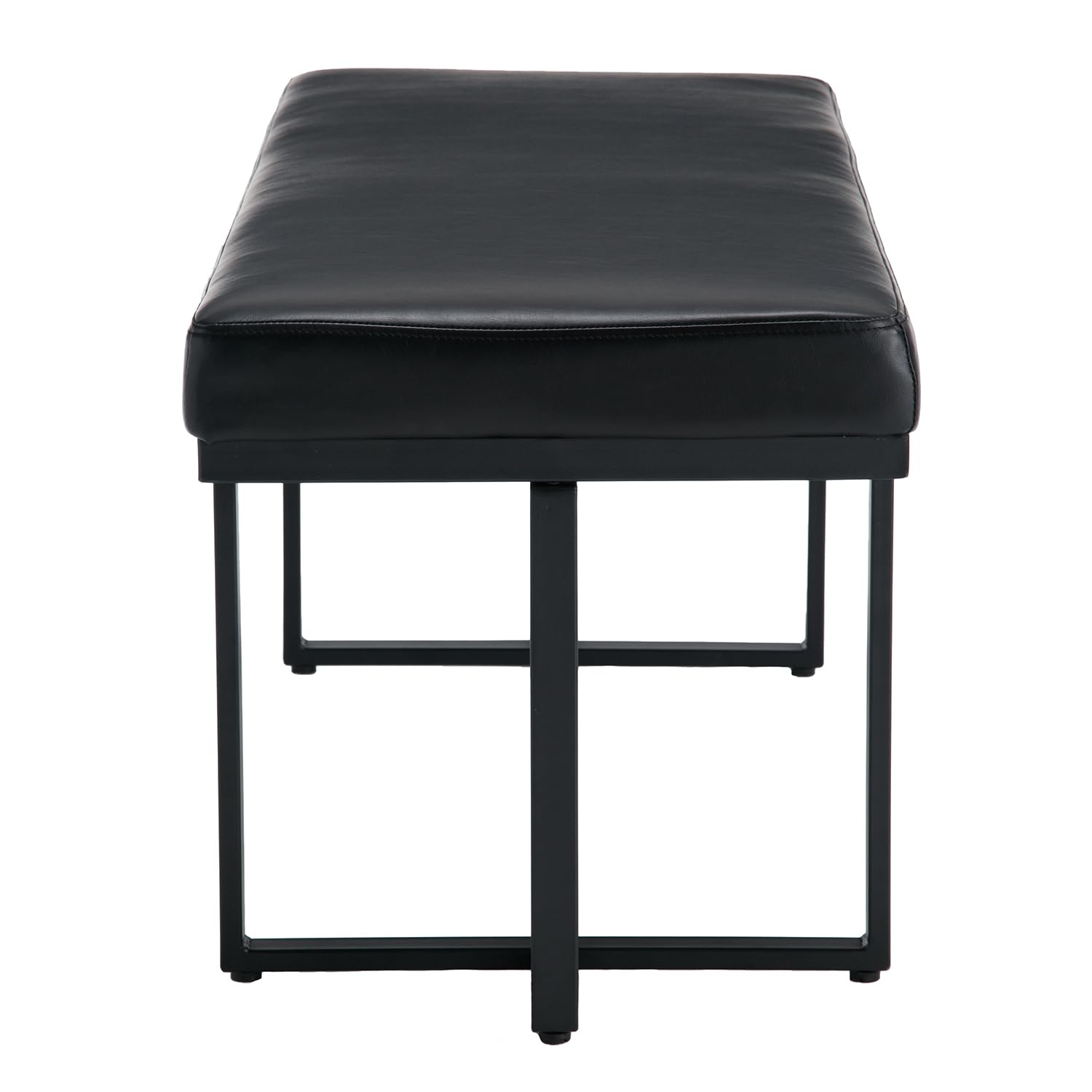 Black leather bench with metal frame on a white background
