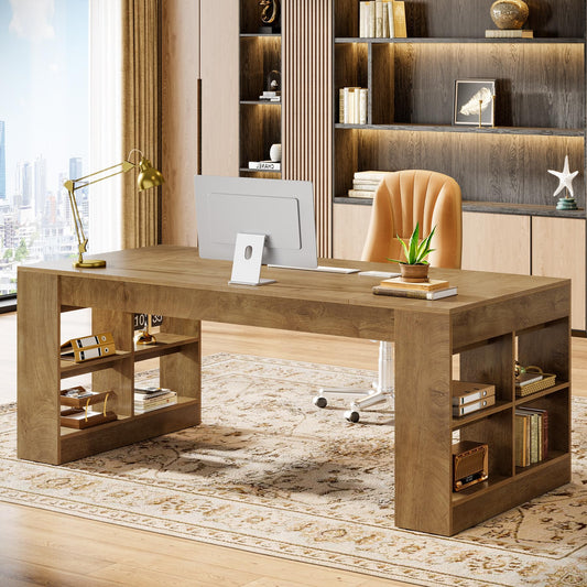 Wooden office desk with a chair, computer setup, and decorative items in a modern office setting.