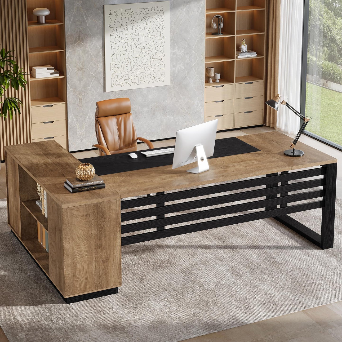 Modern office desk with a chair in a well-lit room