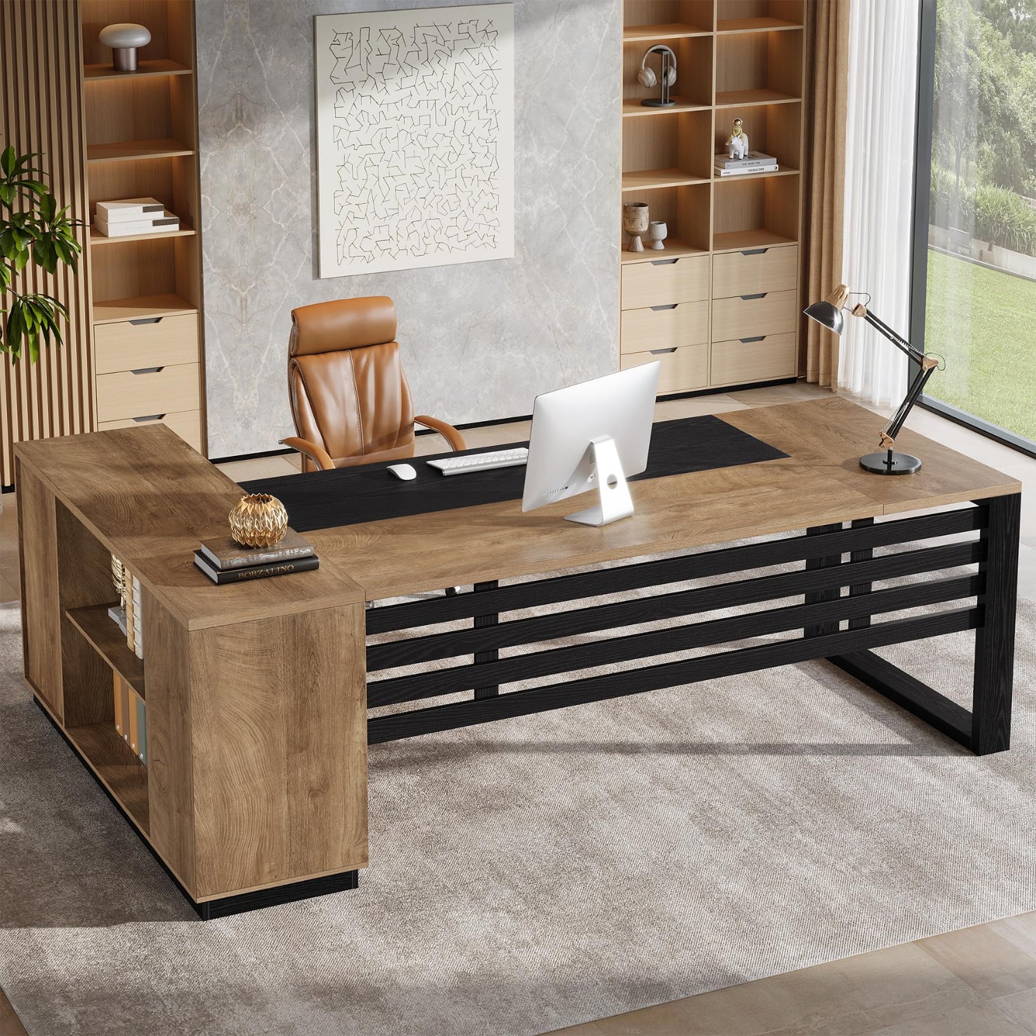 Modern office desk with a chair in a well-lit room