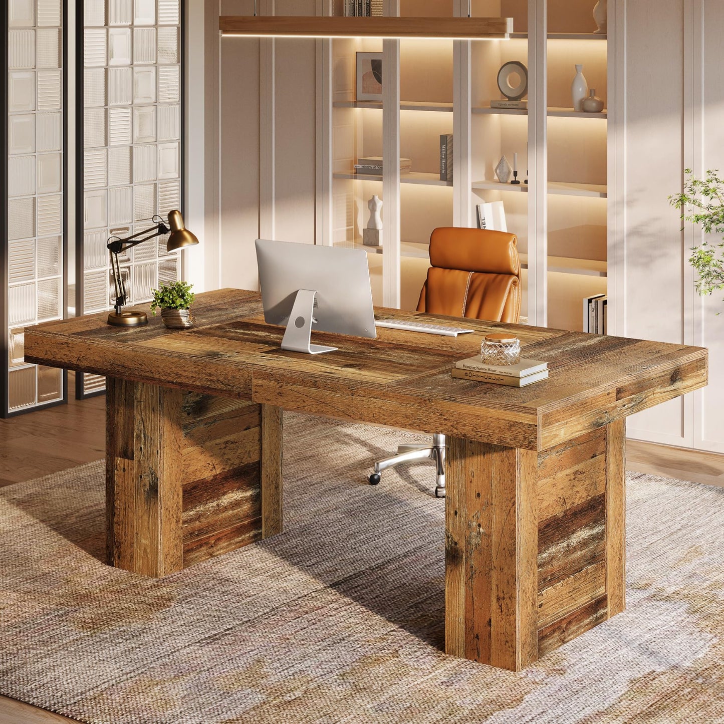 Wooden desk with office equipment in a modern office setting