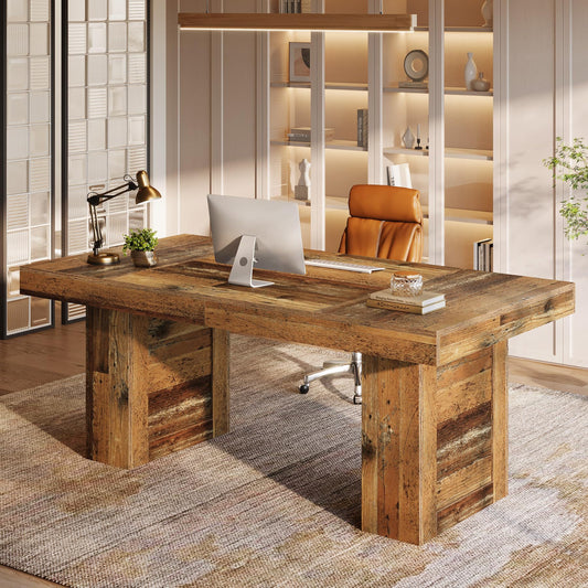 Wooden desk with office equipment in a modern office setting