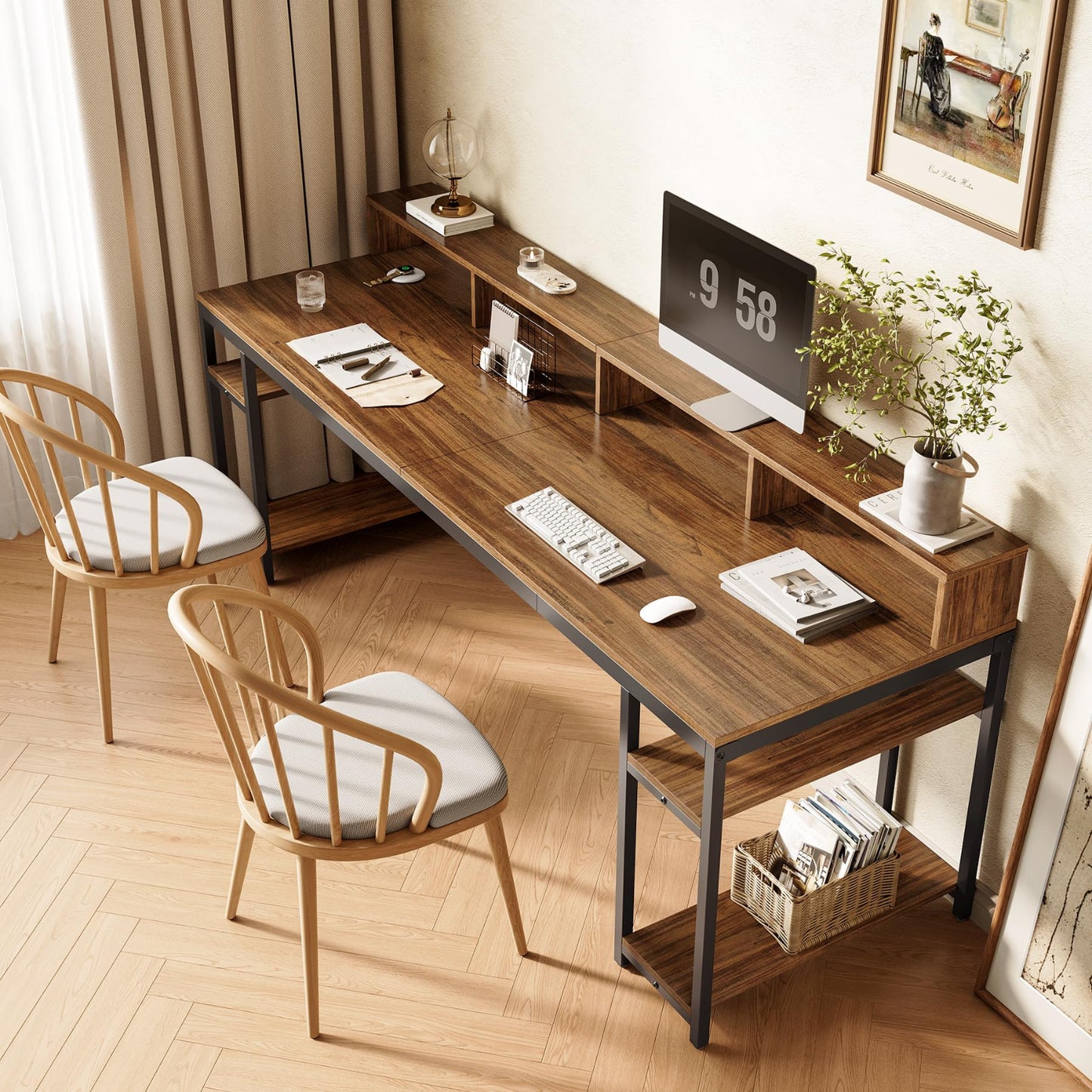 Wooden desk with computer setup in a home office setting
