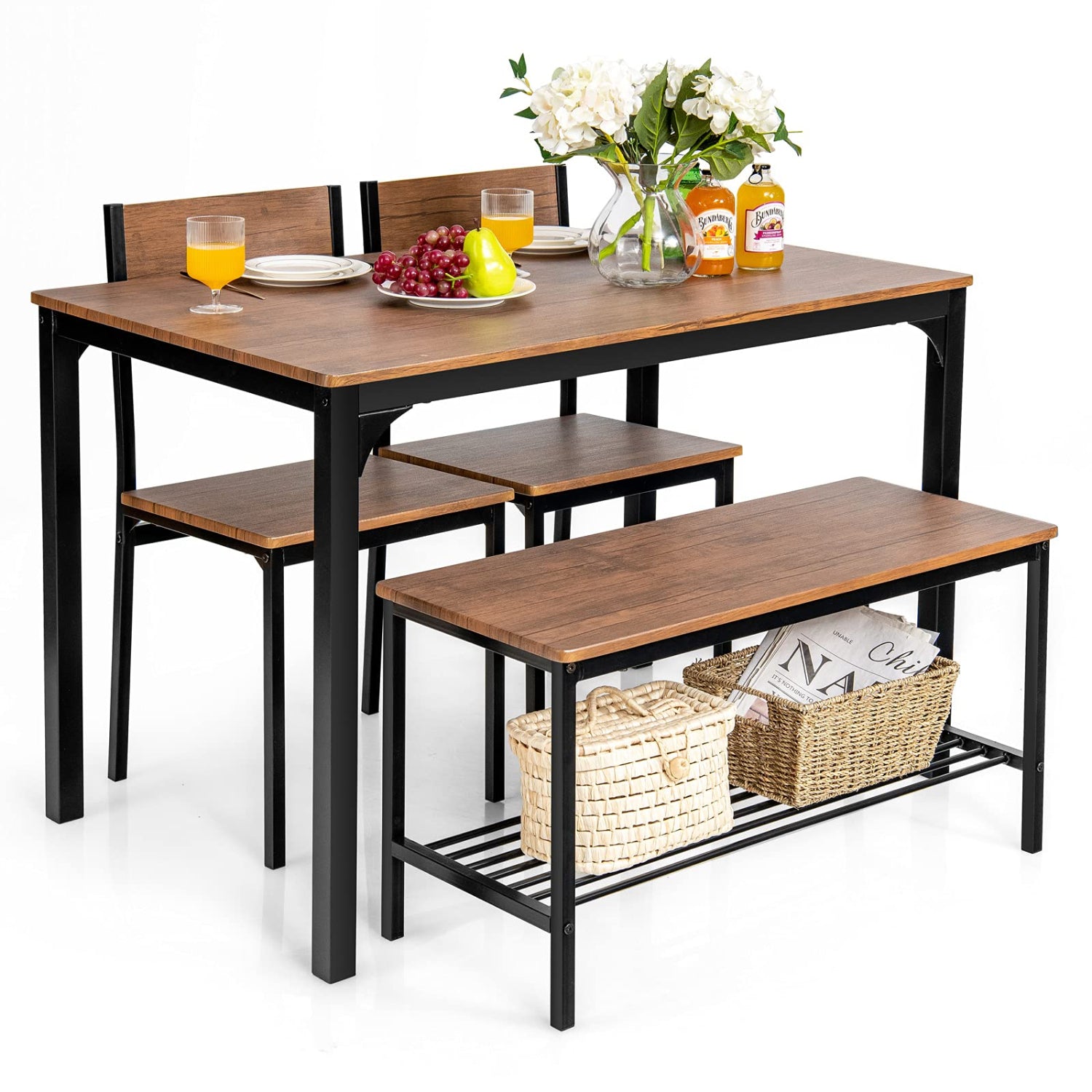 Dining table set with benches and a white background