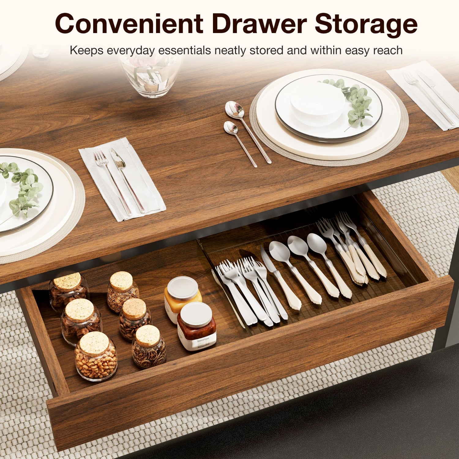 Wooden drawer with cutlery and tableware on a dining table, emphasizing convenient storage.