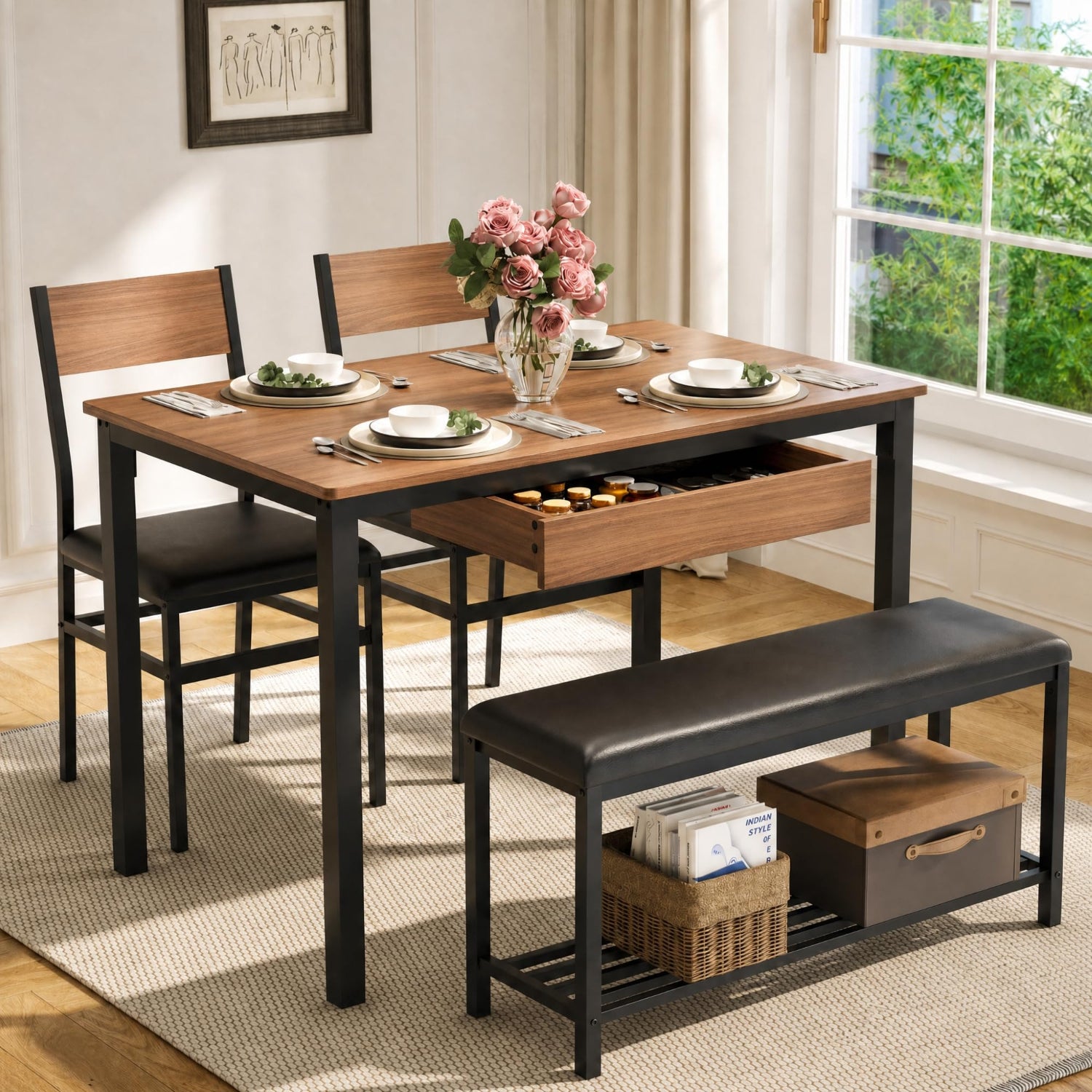 Dining room set with wooden table, chairs, and bench in a well-lit room.