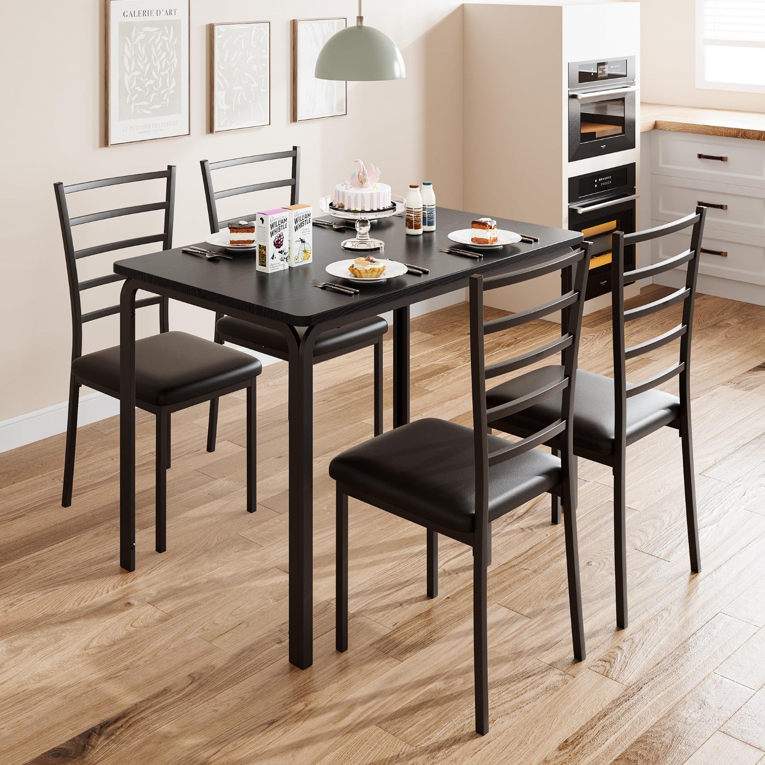 Dining table set with chairs in a kitchen