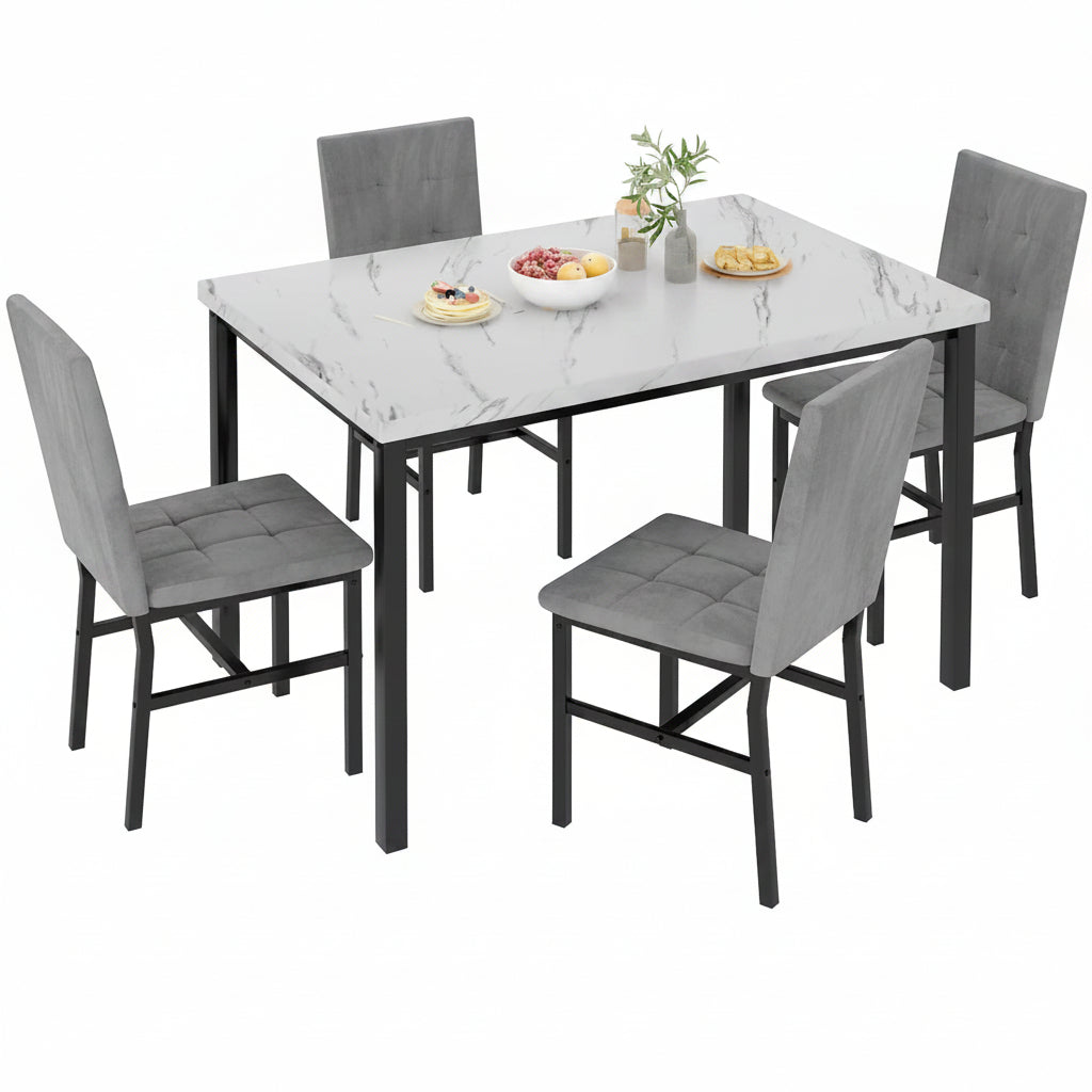 Dining table set with marble-like surface and gray chairs on a white background