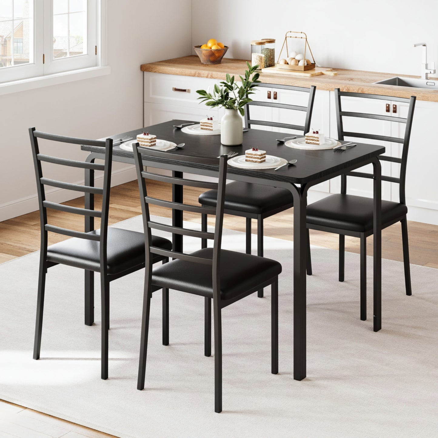 Dining table set with chairs in a kitchen setting