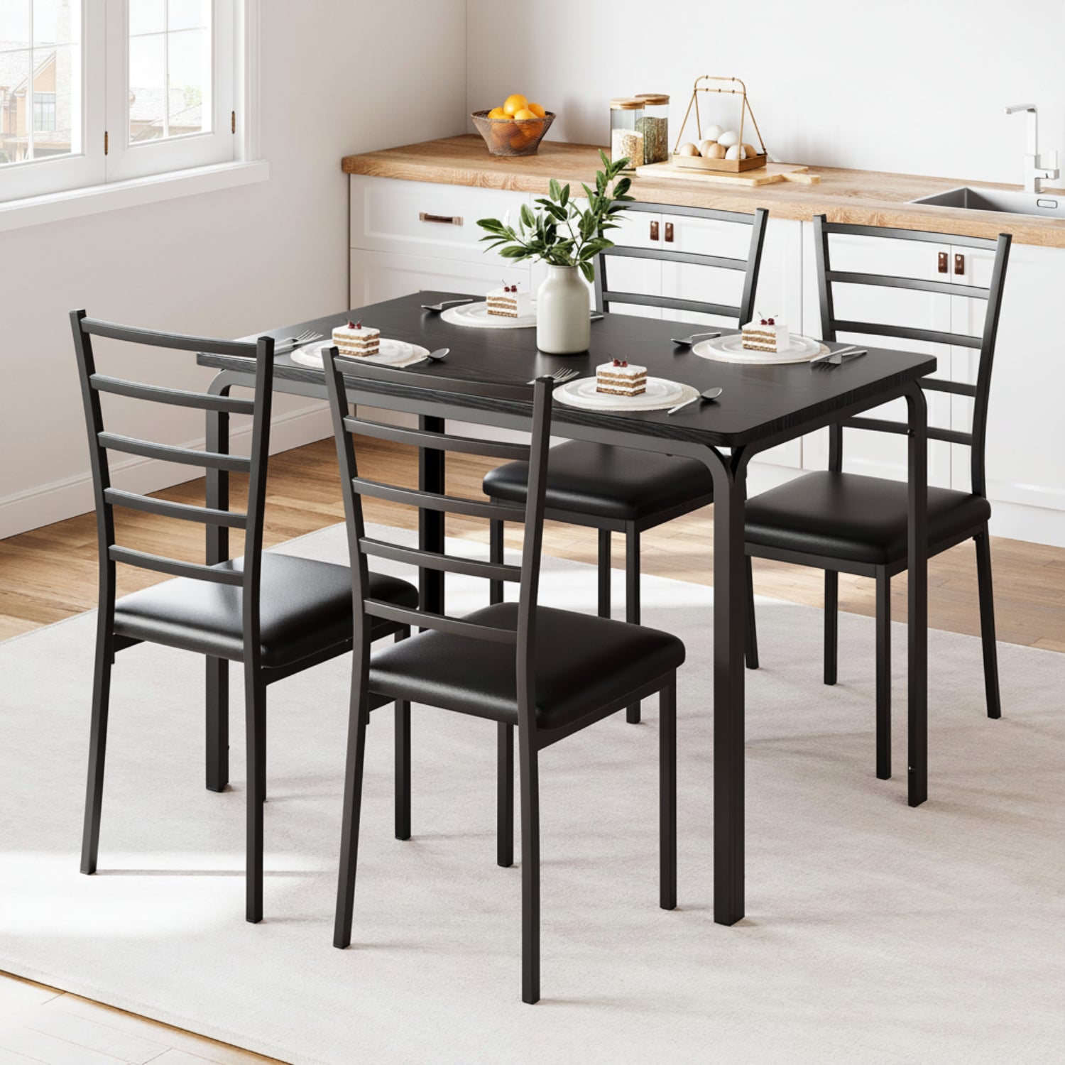 Dining table set with chairs in a kitchen setting